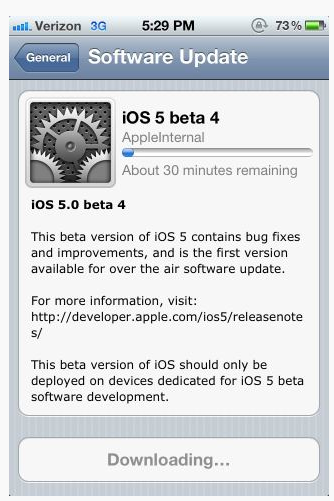 iOS 5 beta 4 is an OTA update... if you can connect
