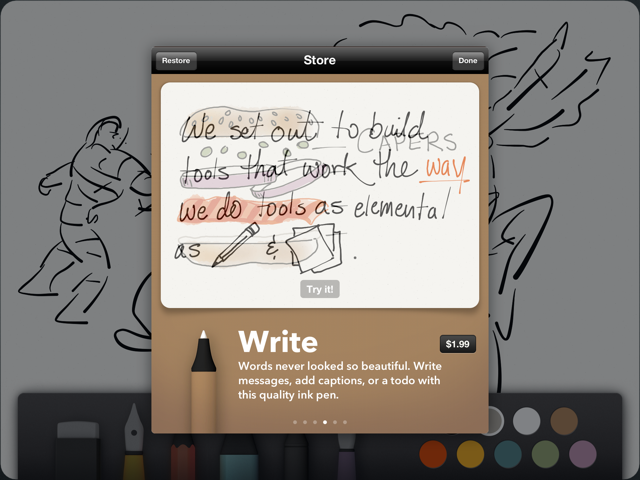 You get Erase and Draw for free, but other tools like Write, Sketch, Outline, and Color are $1.99 in-app purchases.