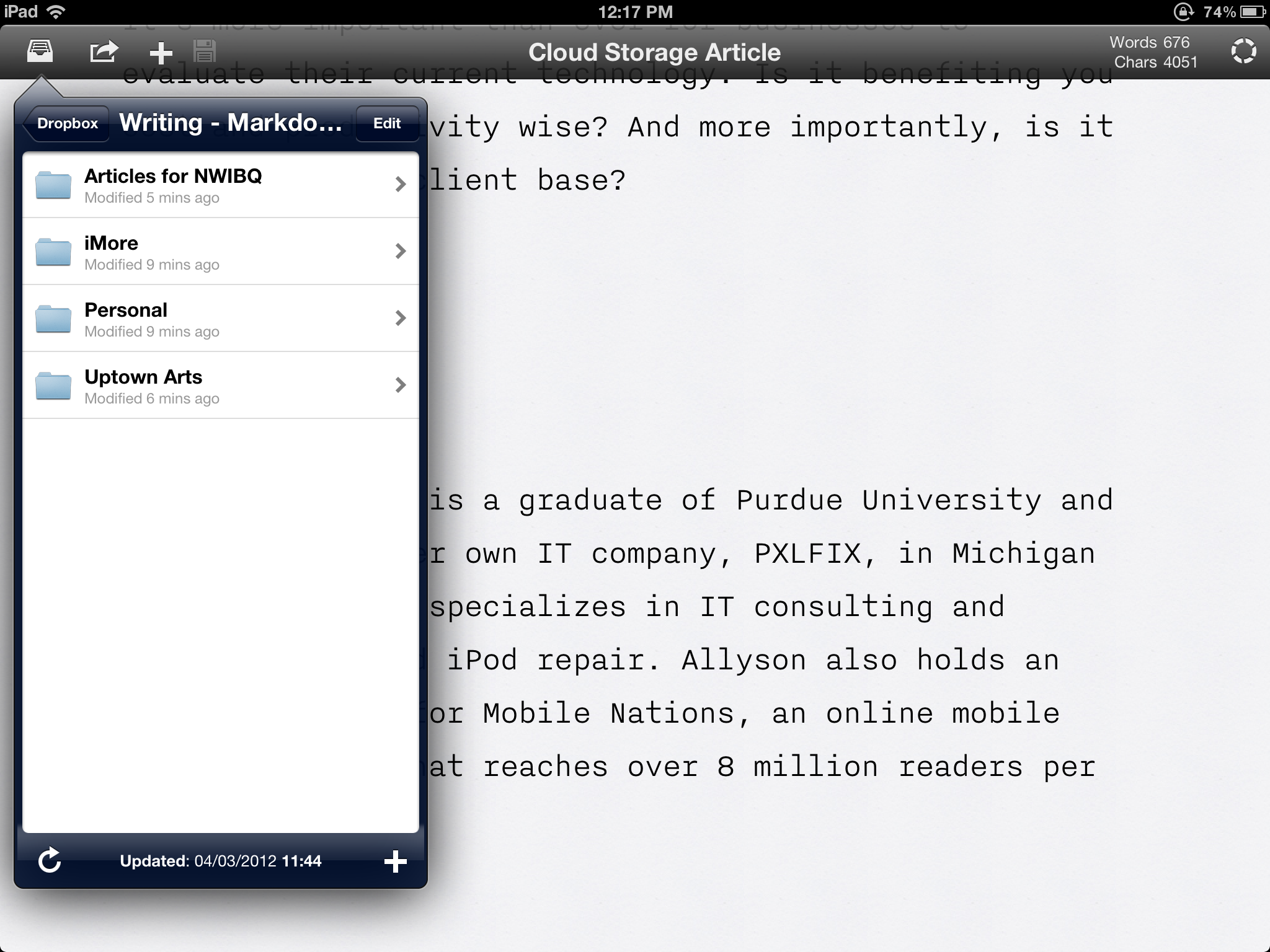 iA Writer for iPad allows you to change directories and locations easily
