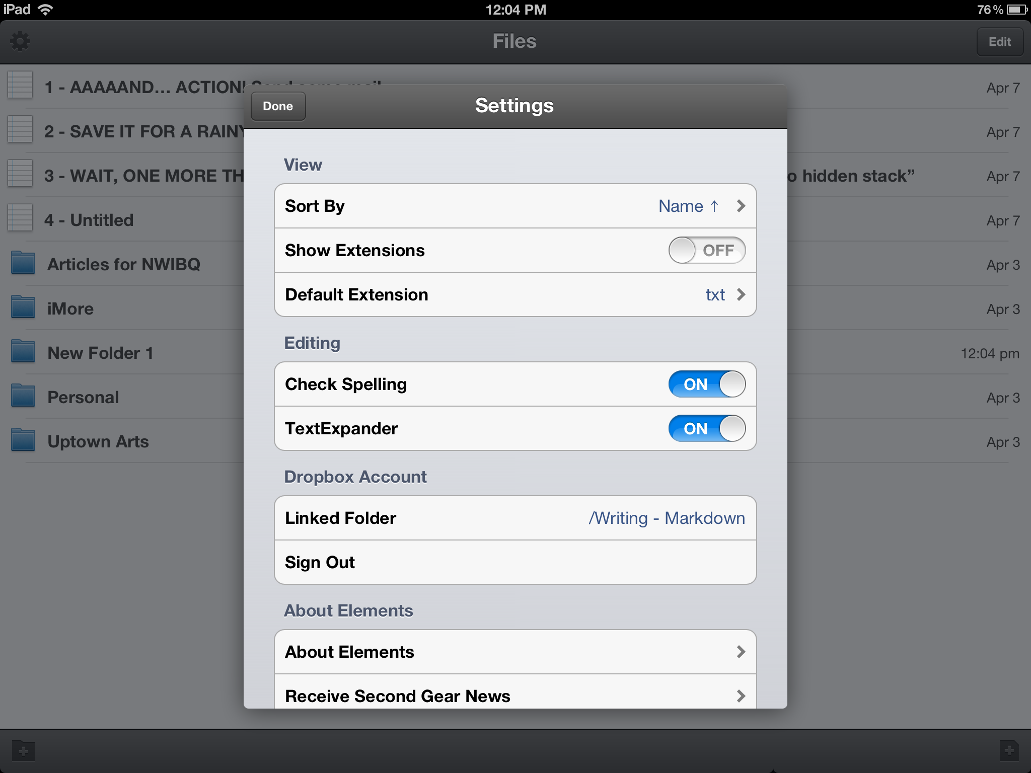 Elements allows you to change the default directory to save documents to on your iPad
