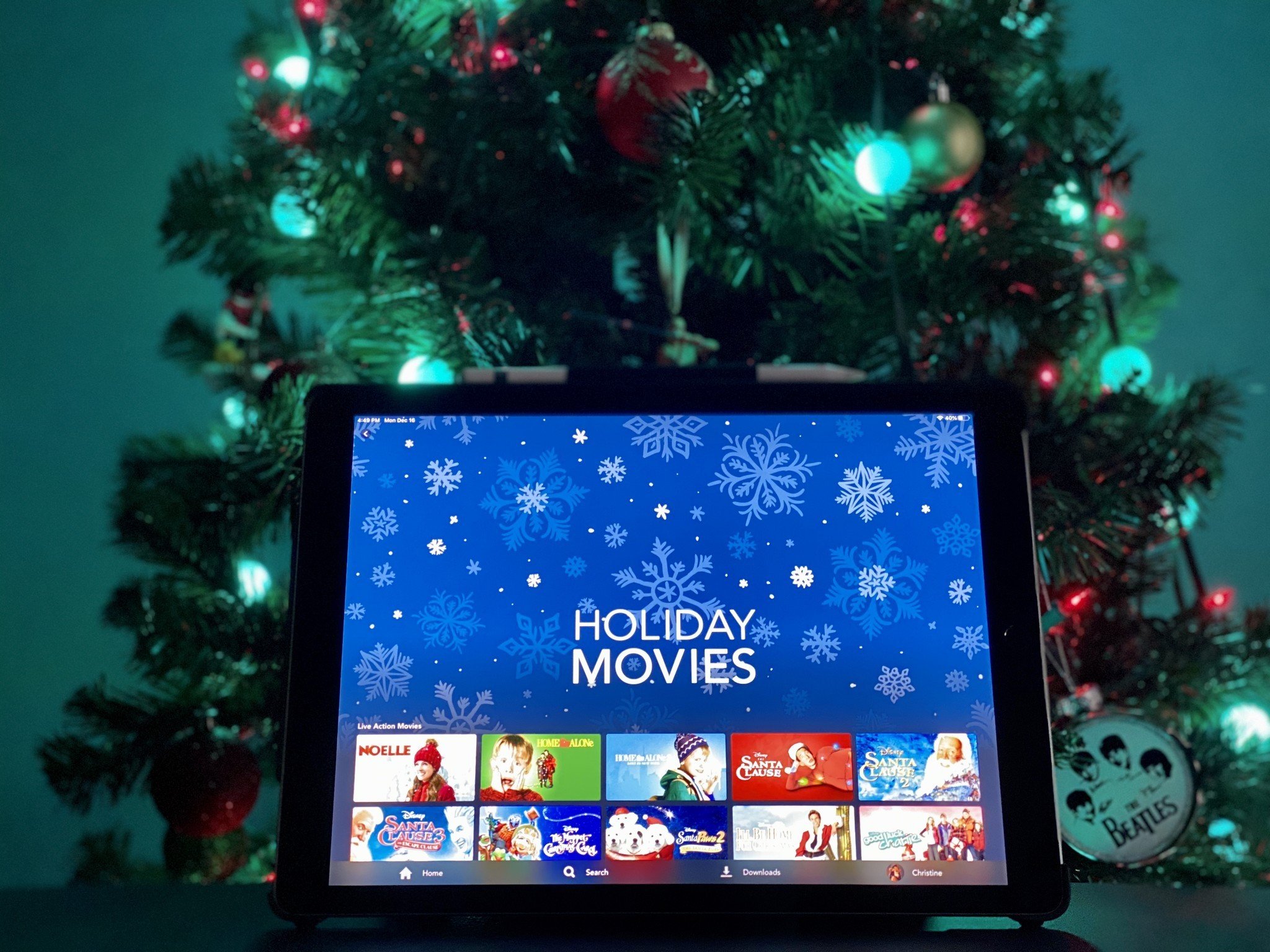 Disney+ on iPad Pro in front of Christmas tree