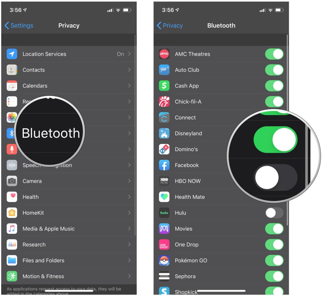 Tap Bluetooth, select the toggles you want ON