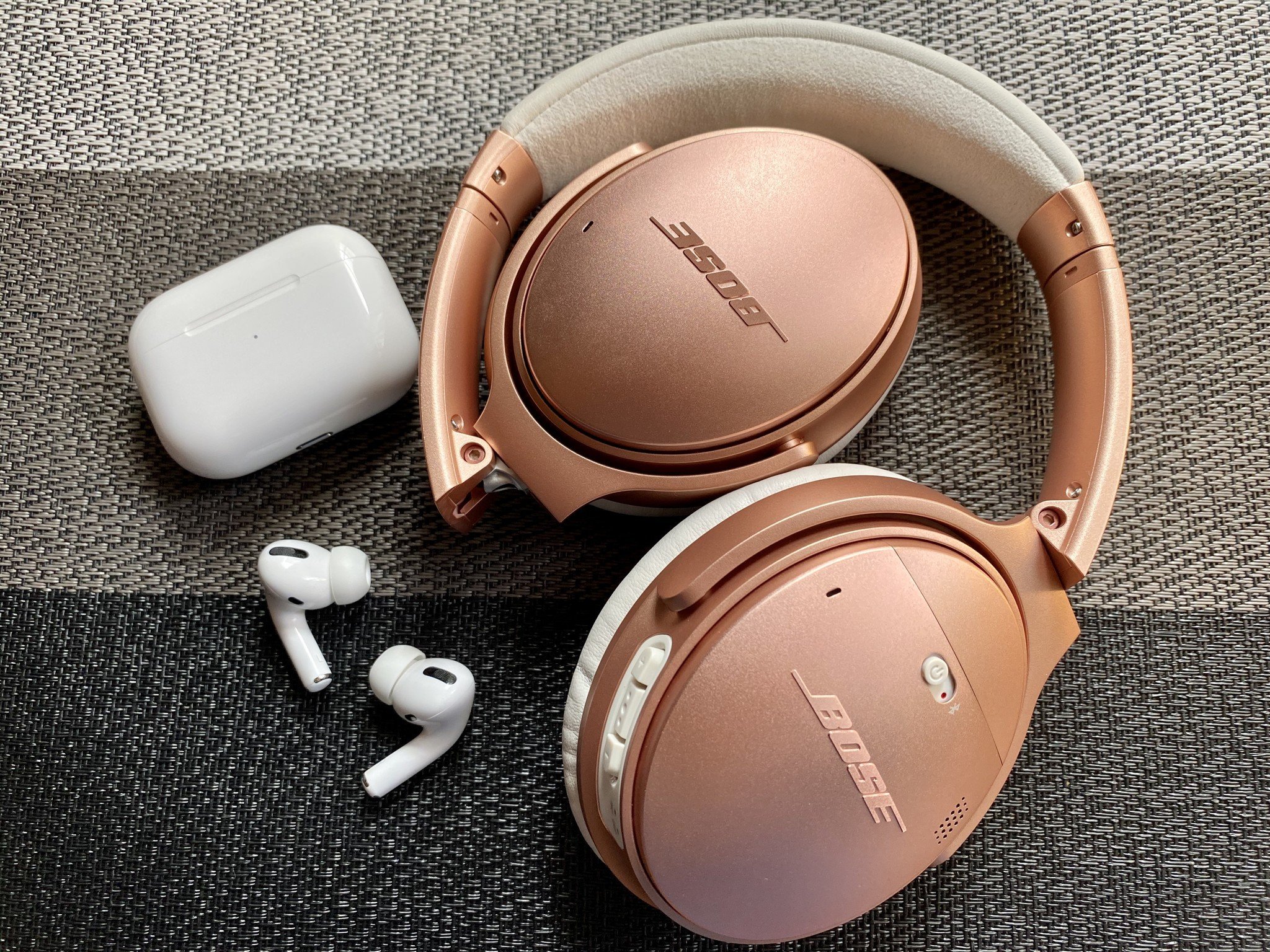 Rose Gold Bose QuietComfort 35 II and AirPods Pro