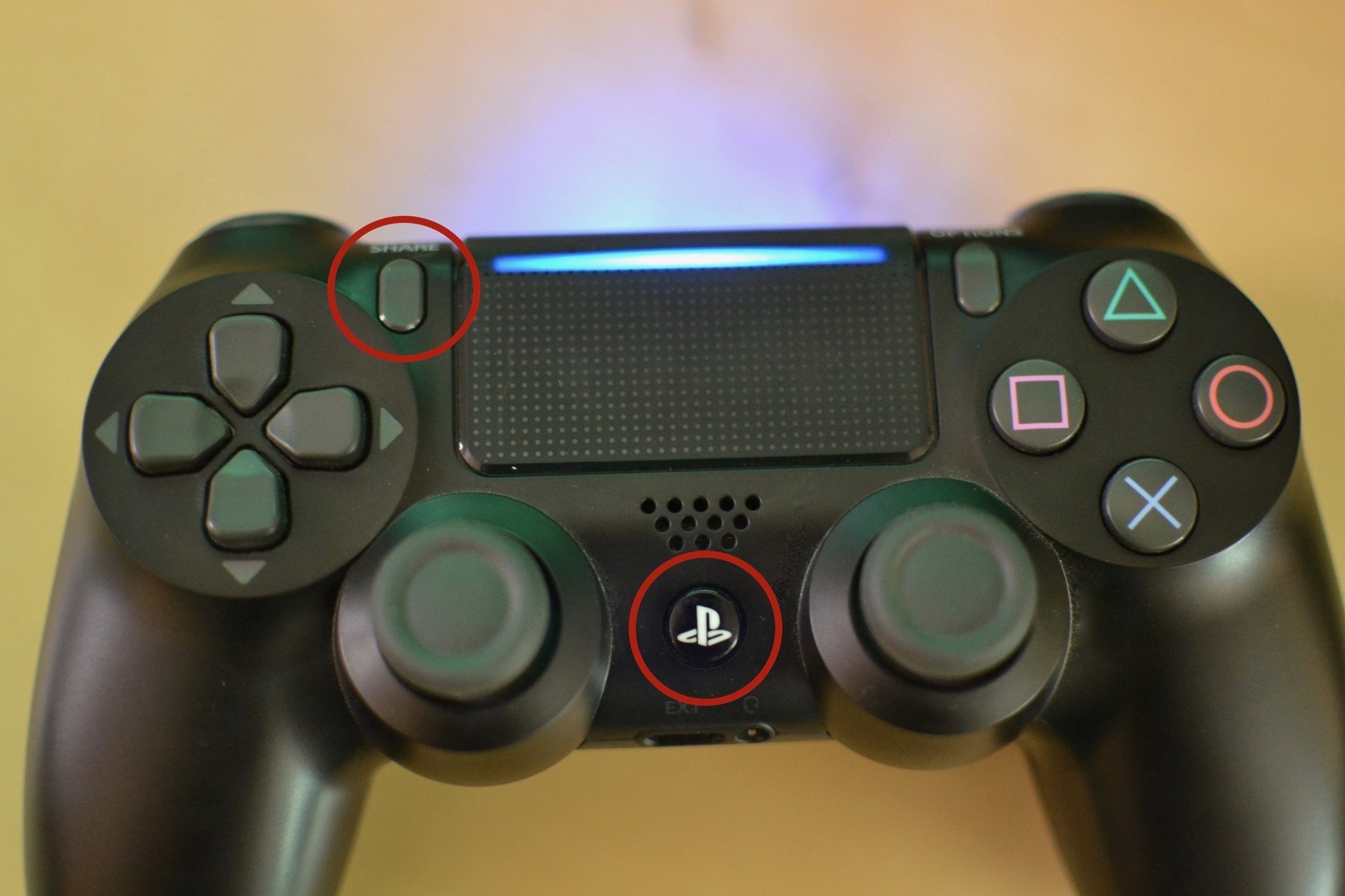 How to use a PS4 Controller with Nintendo Switch: On the PS4 DualShock Controller hold down the PS button and share button simultaneously until the light blinks white