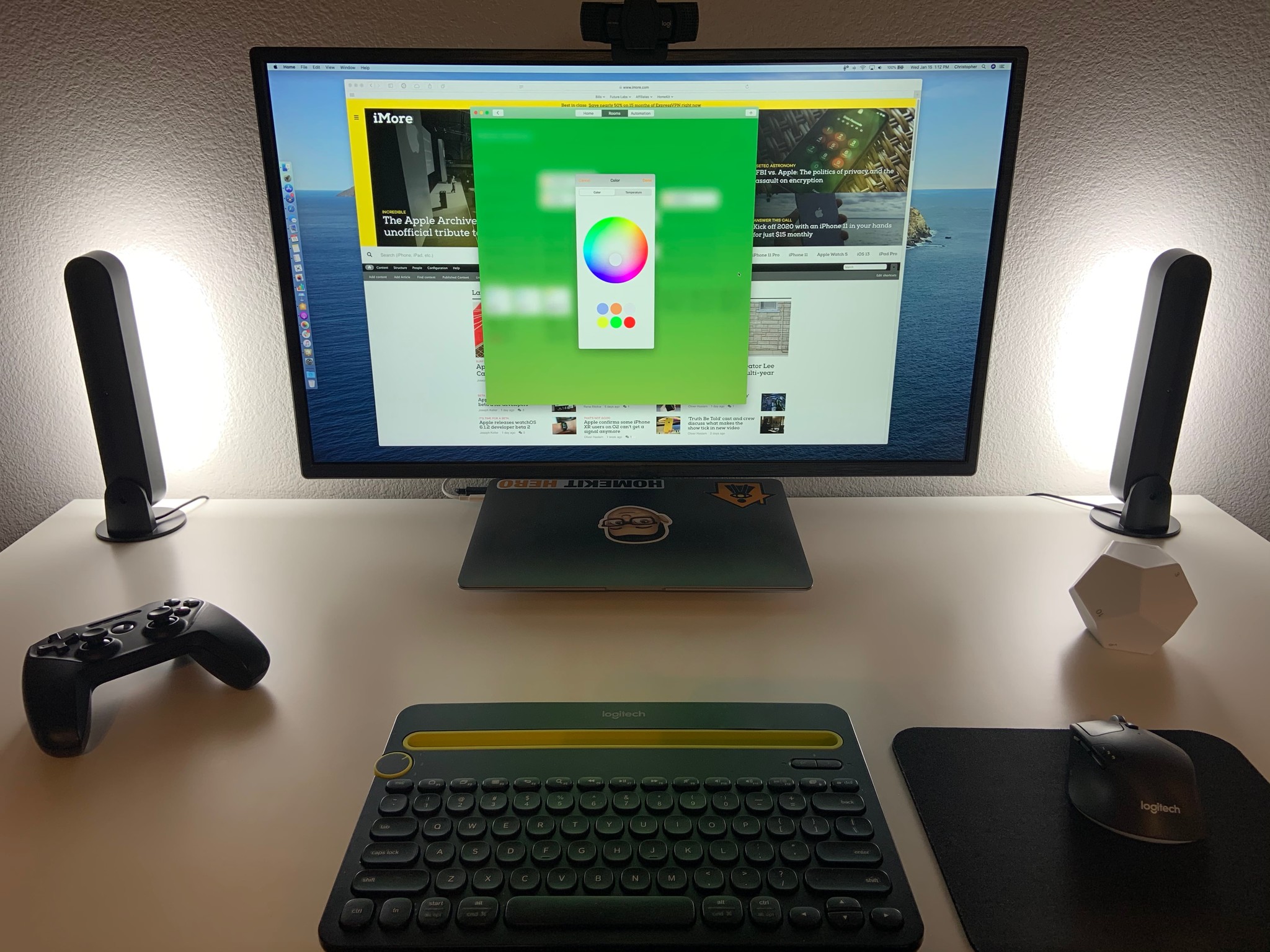 Philips Hue Play Bars on a desk surrounding a monitor