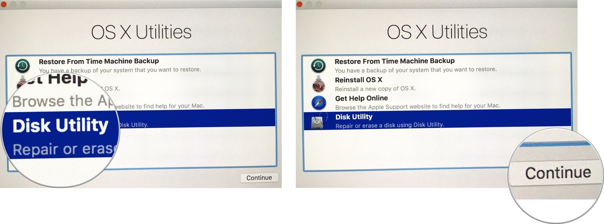 Seleting Disk Utilities from the OS X Utilities Selector