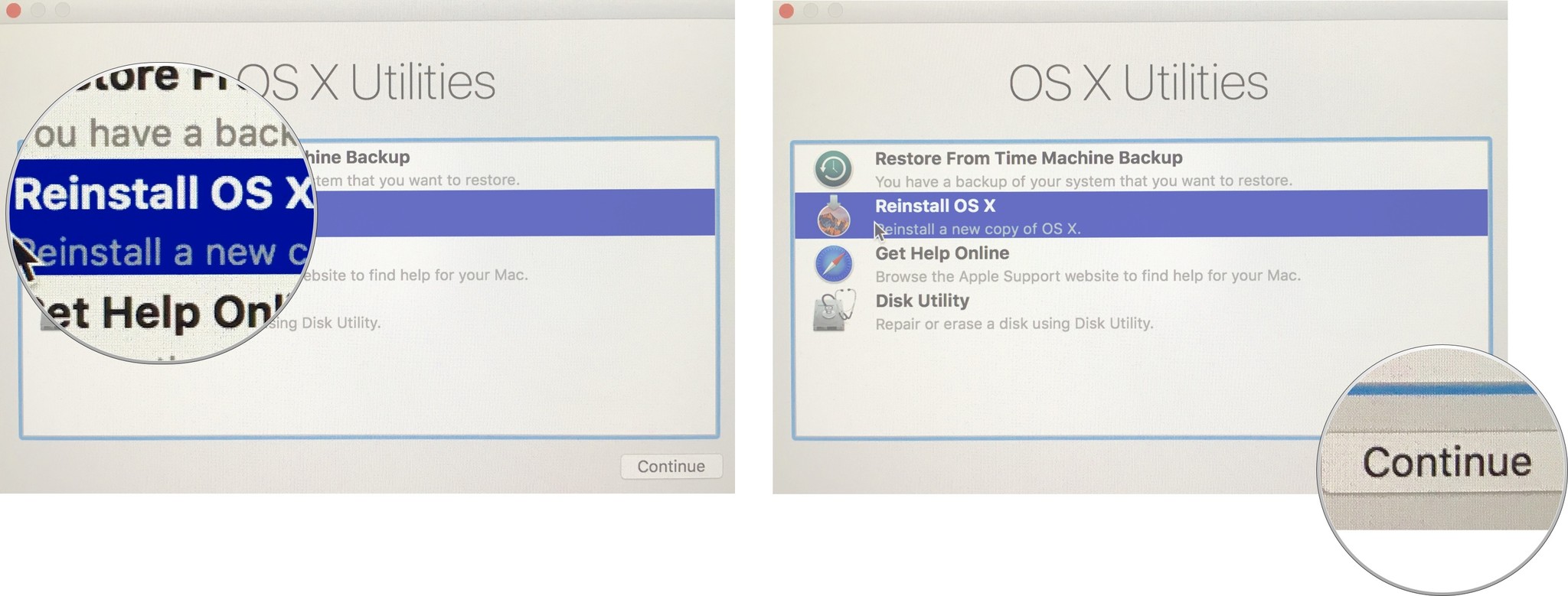 Selecting reinstall from the OS X Utilities Selector
