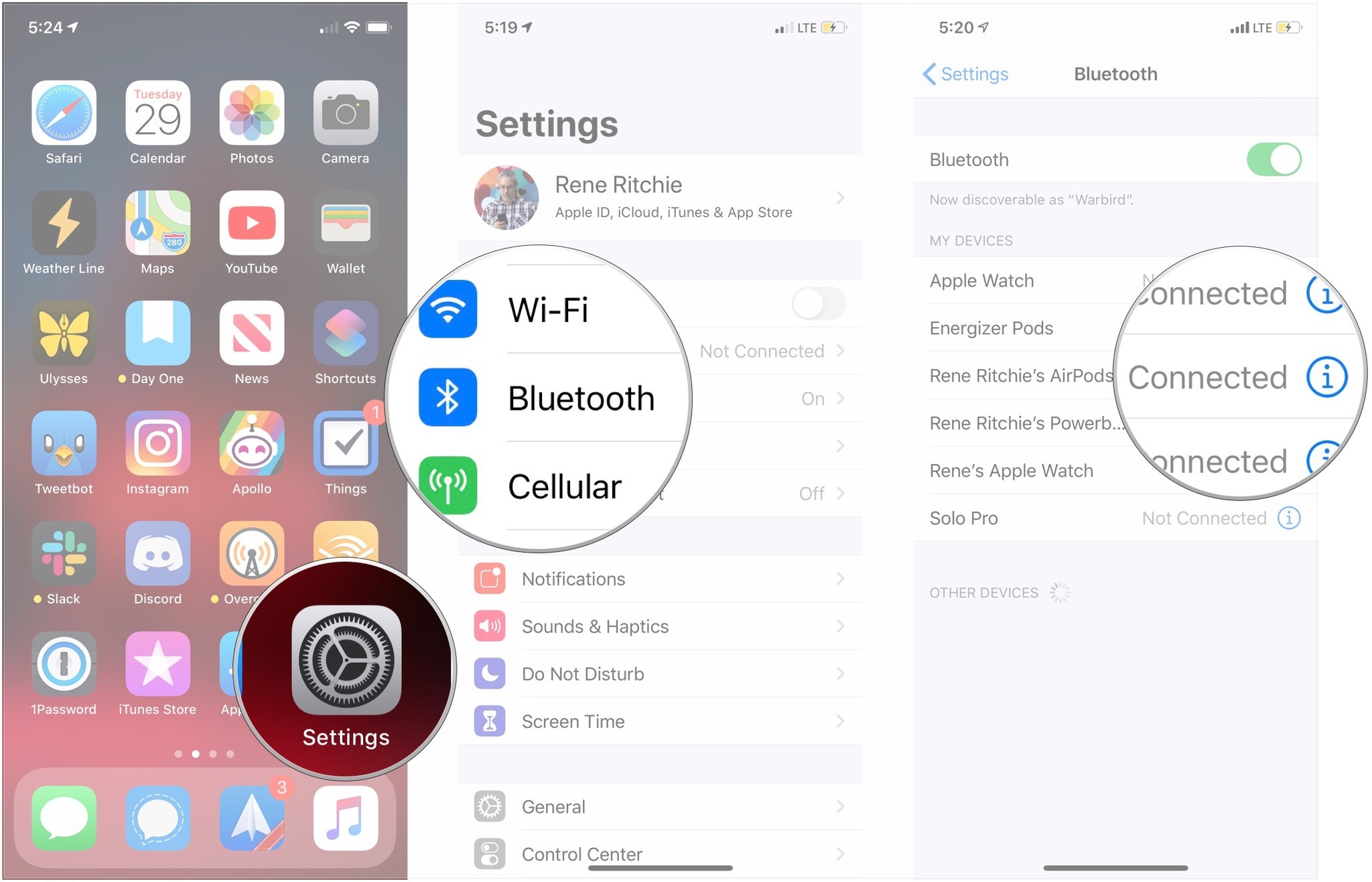 Open Settings, Tap Bluetooth, tap i