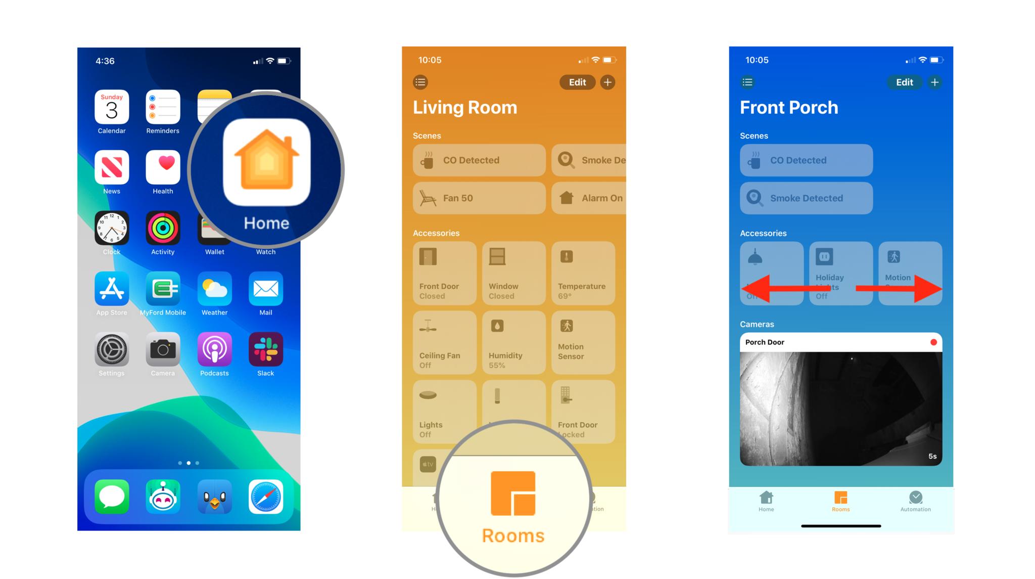Steps 1-3 depicting how to view recorded video in the Home app