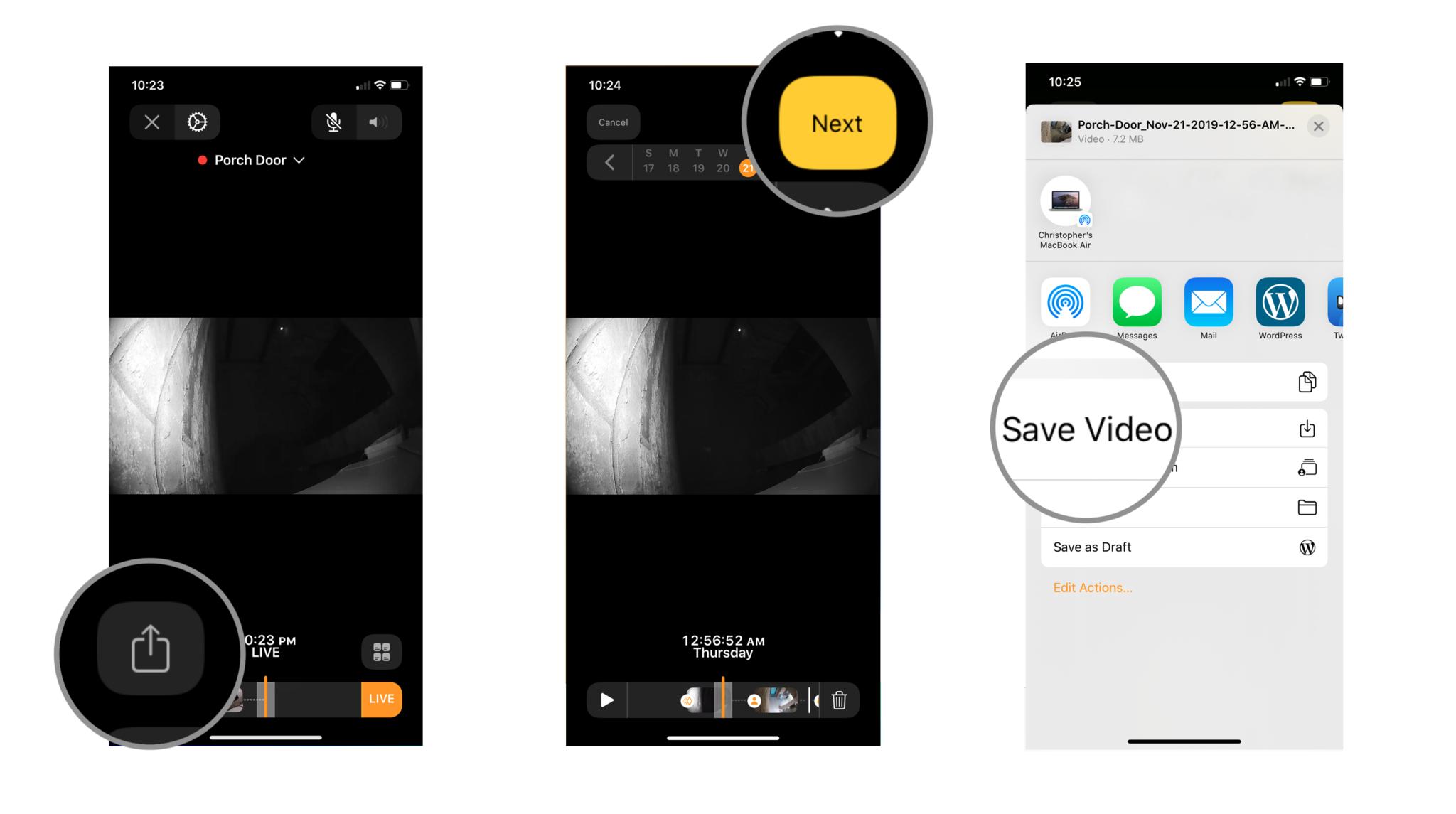 Steps 7-9 depicting how to save video in the Home app