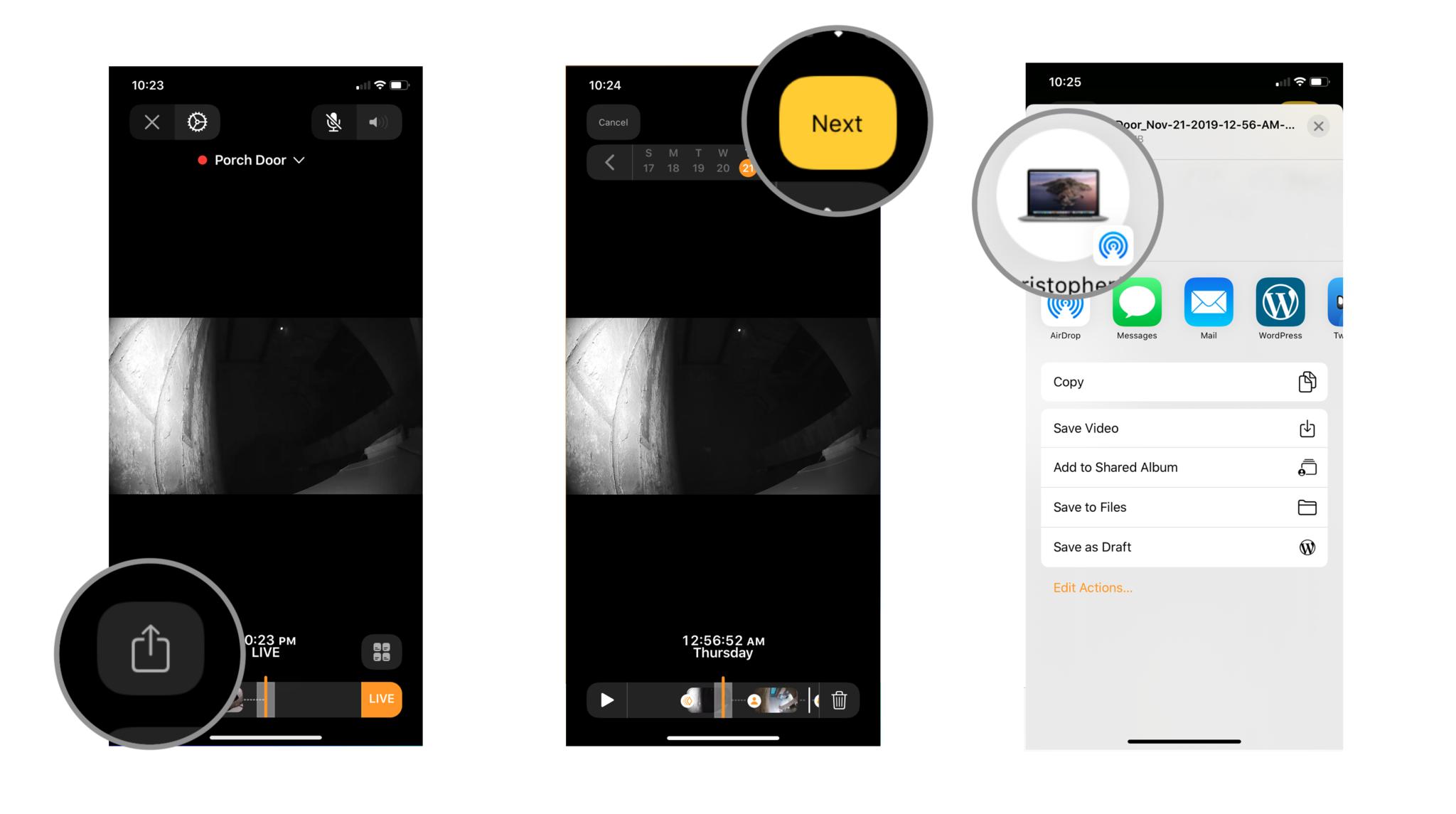 Steps 7-9 depicting how to share video recordings in the Home app