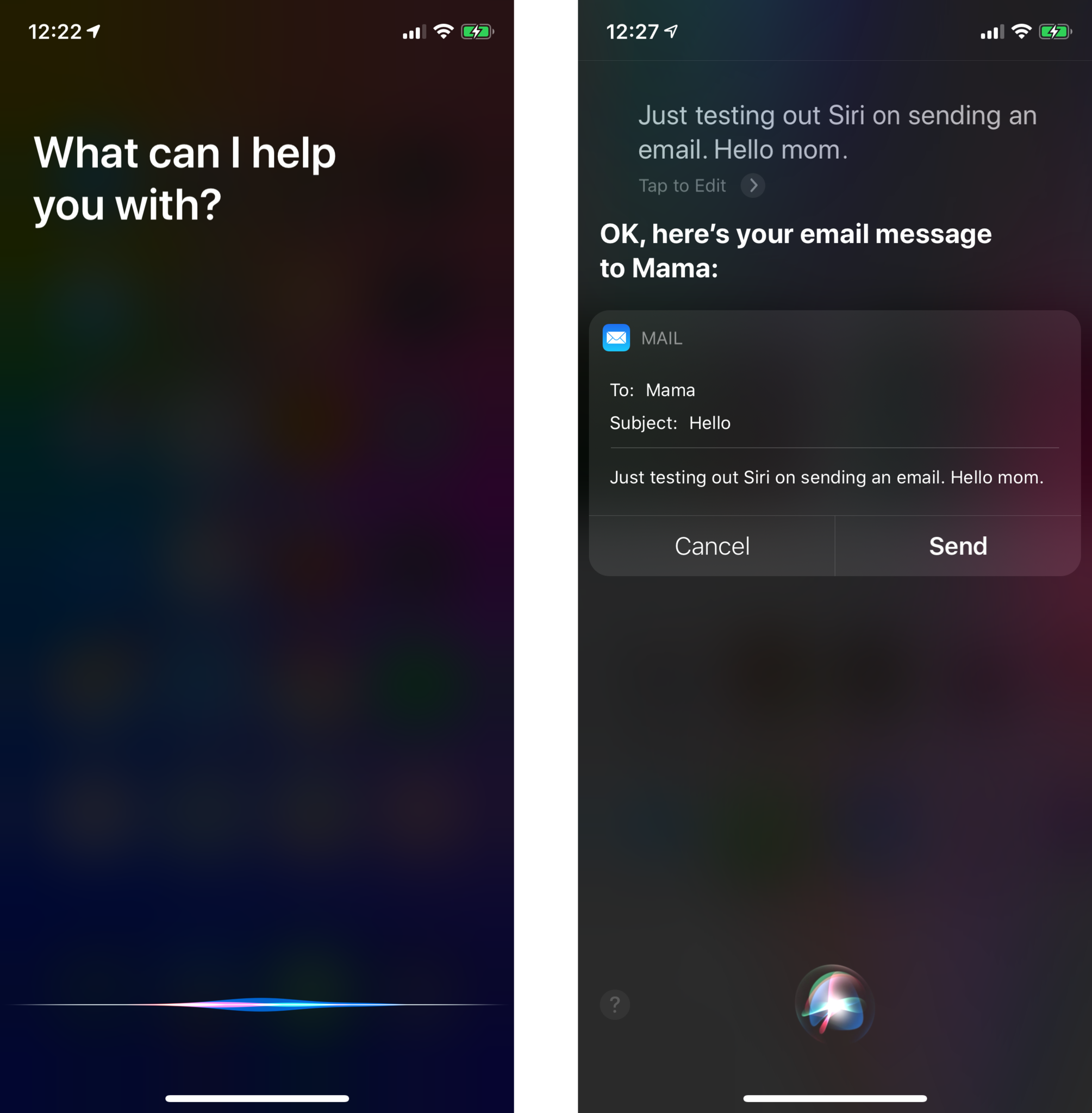 Tell Siri who you want to email and say the subject and body of email