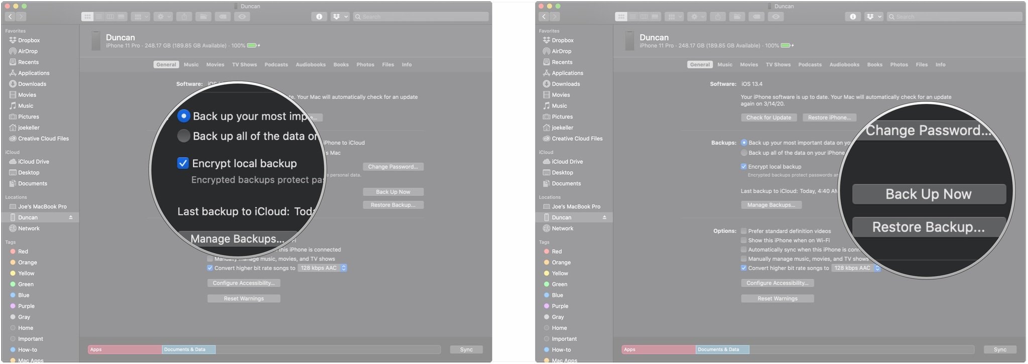 Создайте резервную копию своего iPhone на macOS Catalina, показывая, как установить флажок, затем нажмите «Создать резервную копию сейчас».