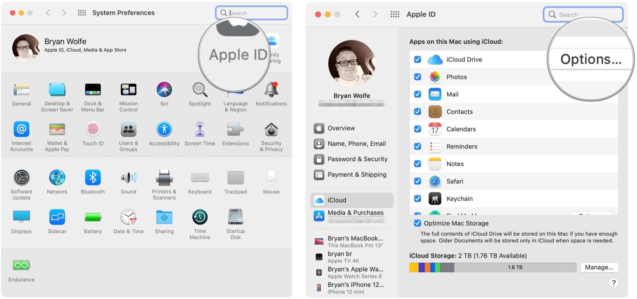 Чтобы остановить синхронизацию рабочего стола и папки с документами с iCloud Drive на Mac, запустите Системные настройки. Выберите Apple ID, затем нажмите кнопку «Параметры» рядом с iCloud Drive. 