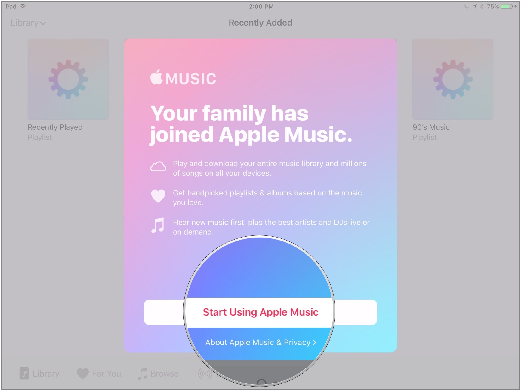 Нажмите Начать использование Apple Music