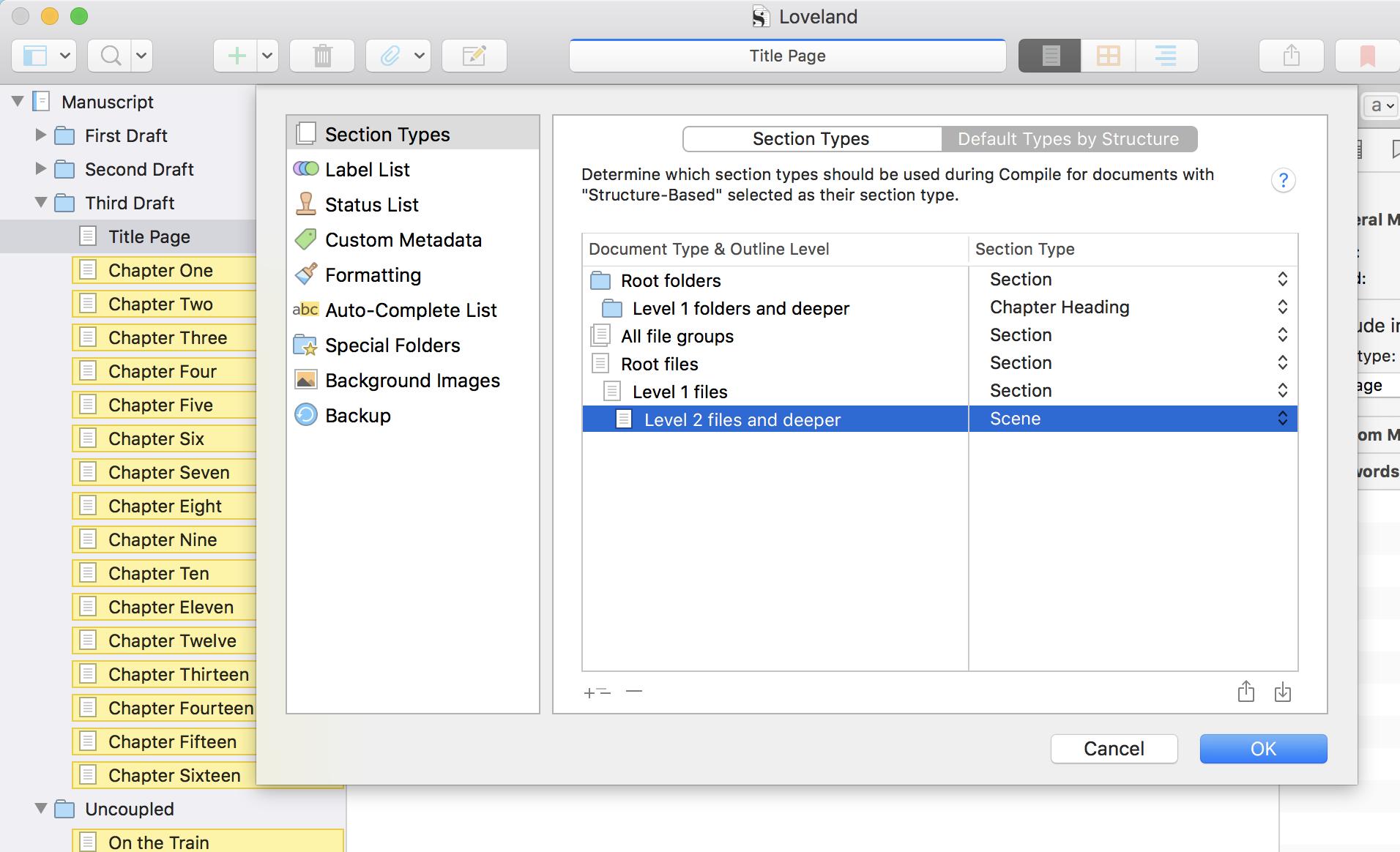 Selecting default types by structure in Scrivener.