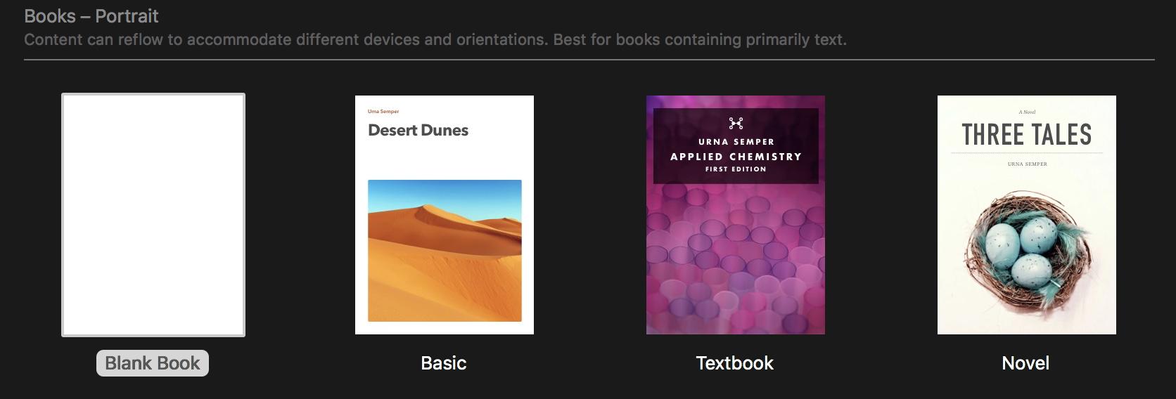 Pages offers four templates for reflowable EPUBs.