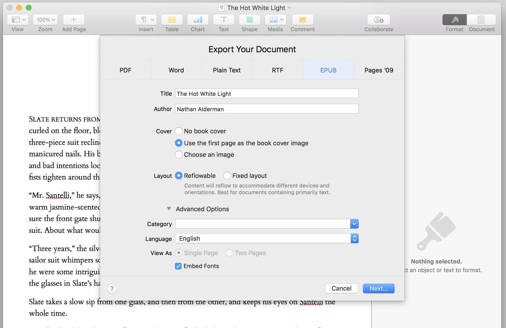 Export options for EPUBs in Pages.