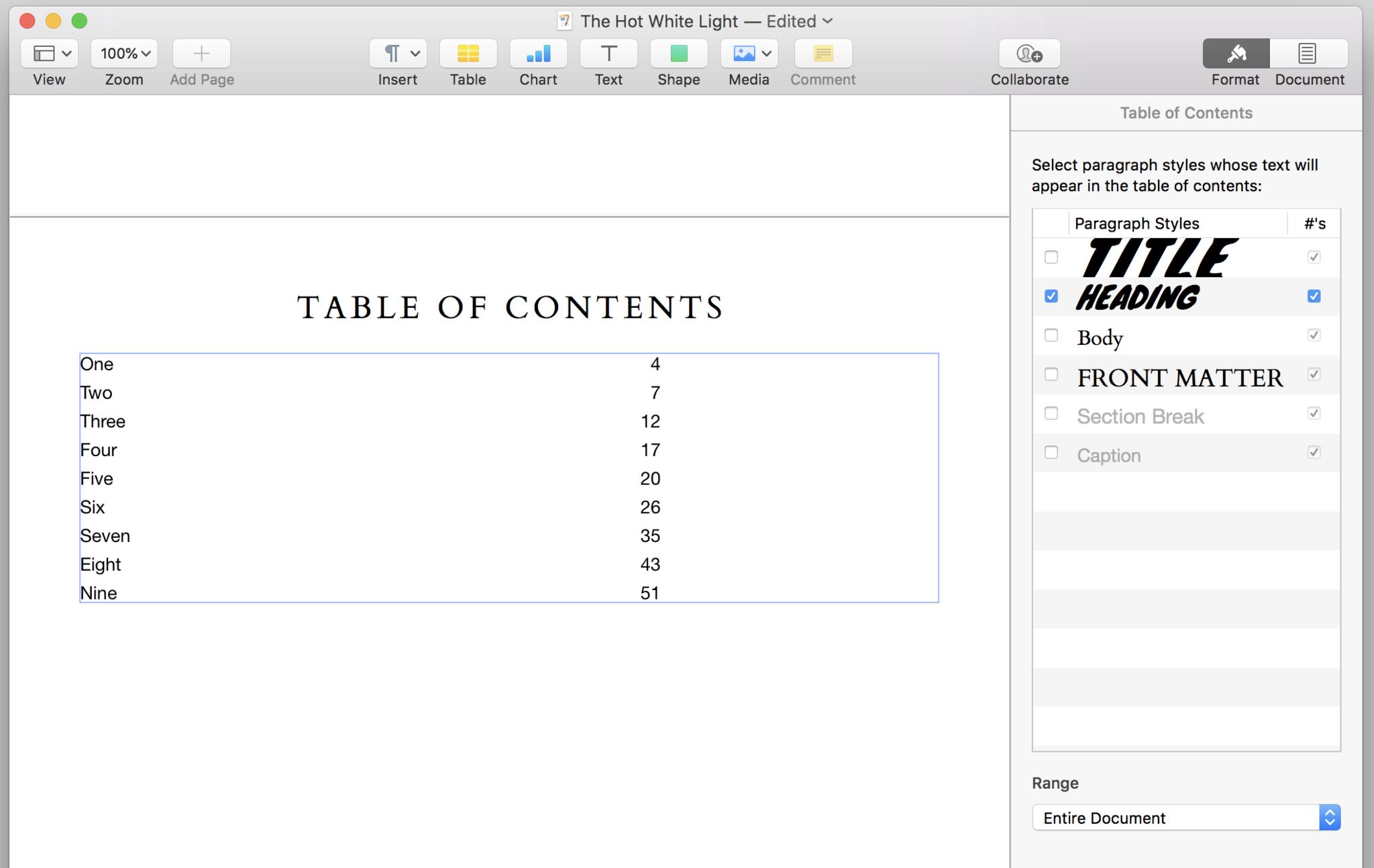 Creating a Table of Contents in Pages.