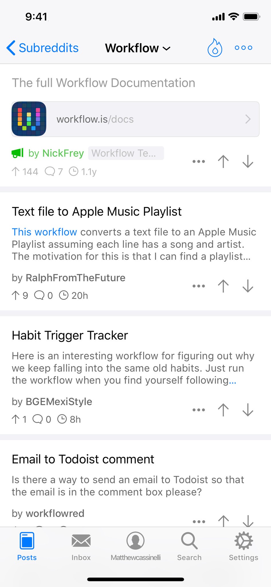 Screenshot of the Reddit community for /r/workflow in the iOS app Apollo
