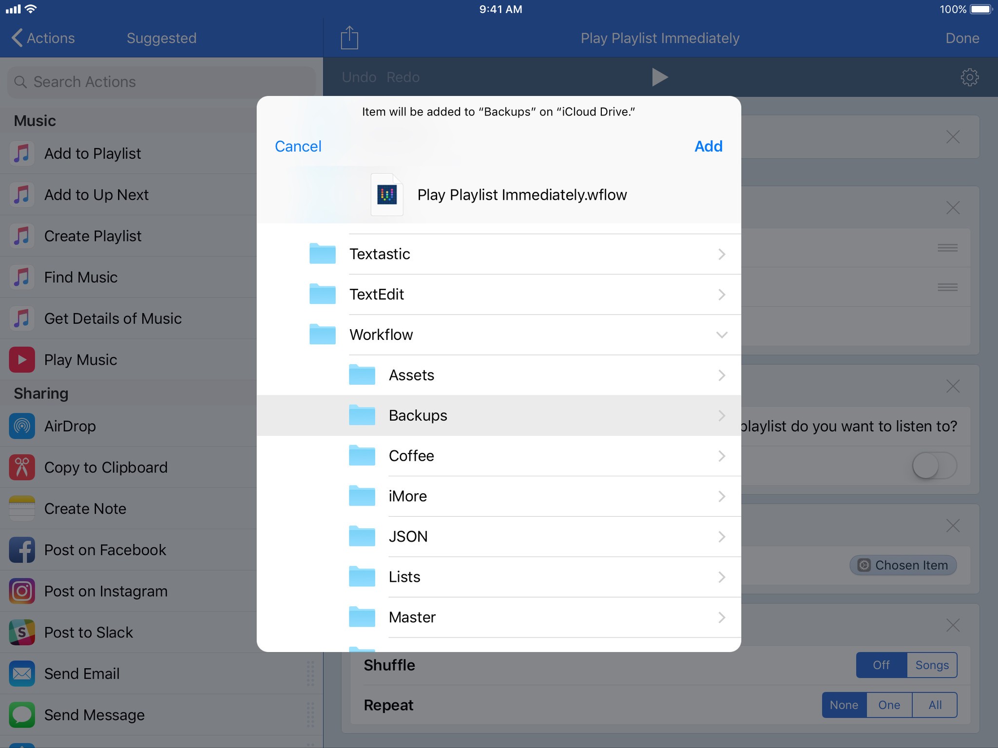 Preview of saving the newly-created .wflow file into Files using a popover in the workflow