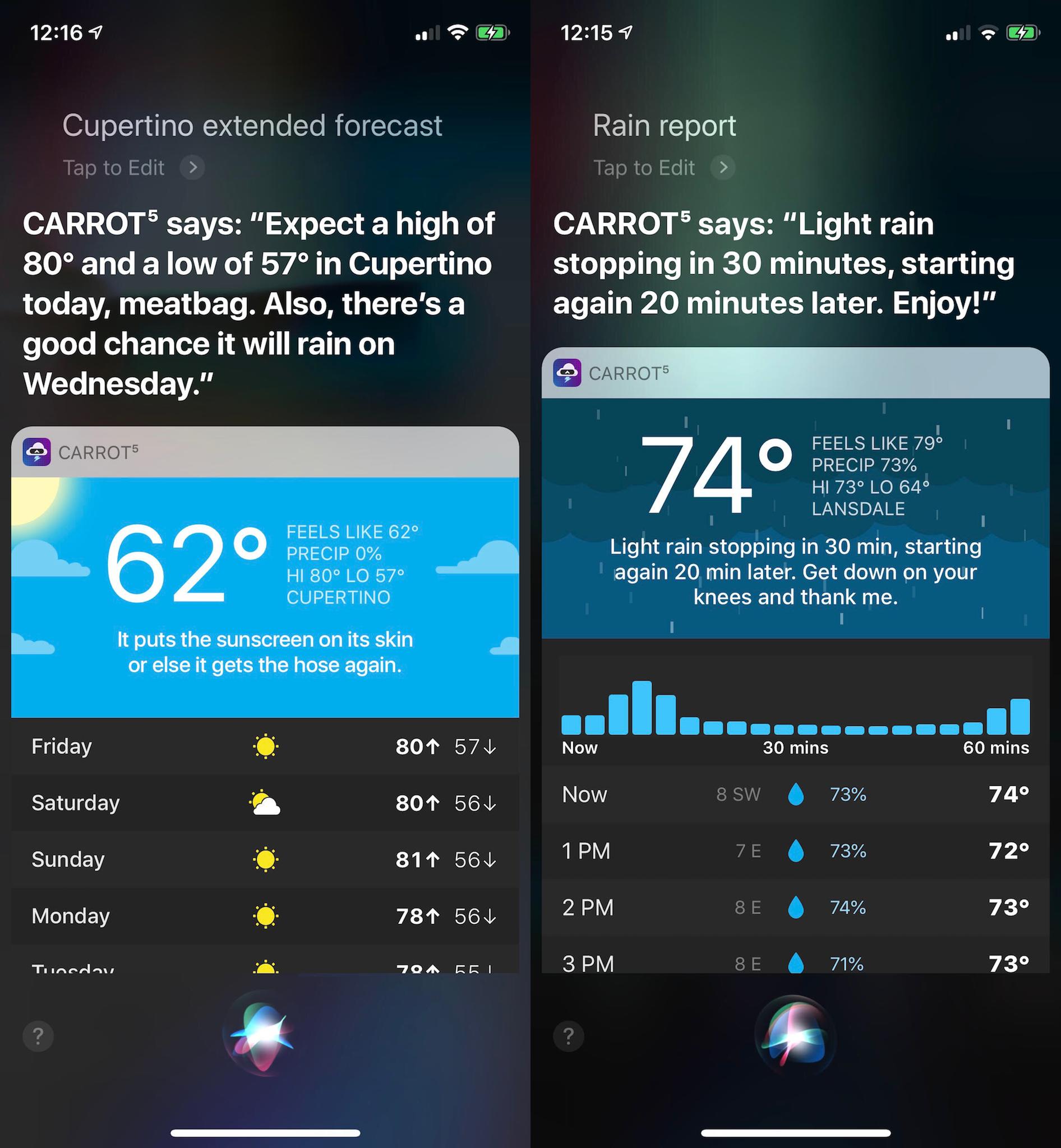 CARROT Weather app using Siri Shortcuts.