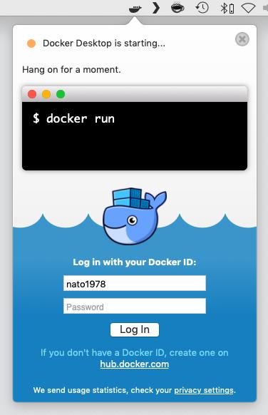 Сделайте кита счастливым.  Войдите в систему со своим Docker ID.