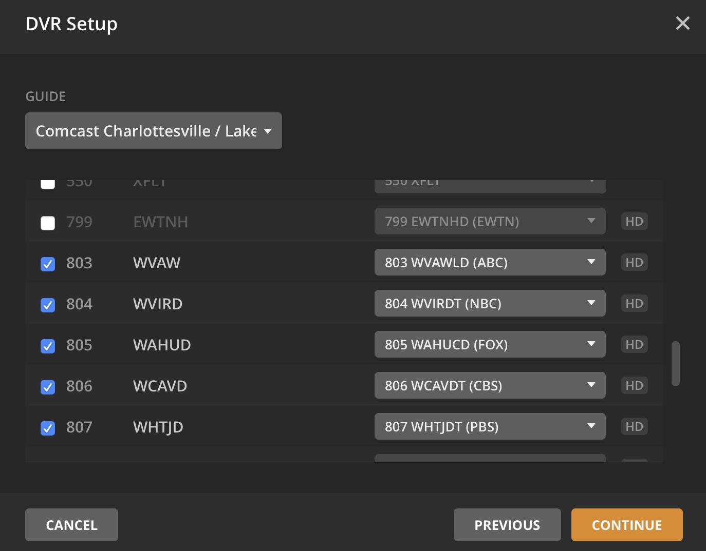 Plex will match your tuner's channel list with your local program guide's channel names.