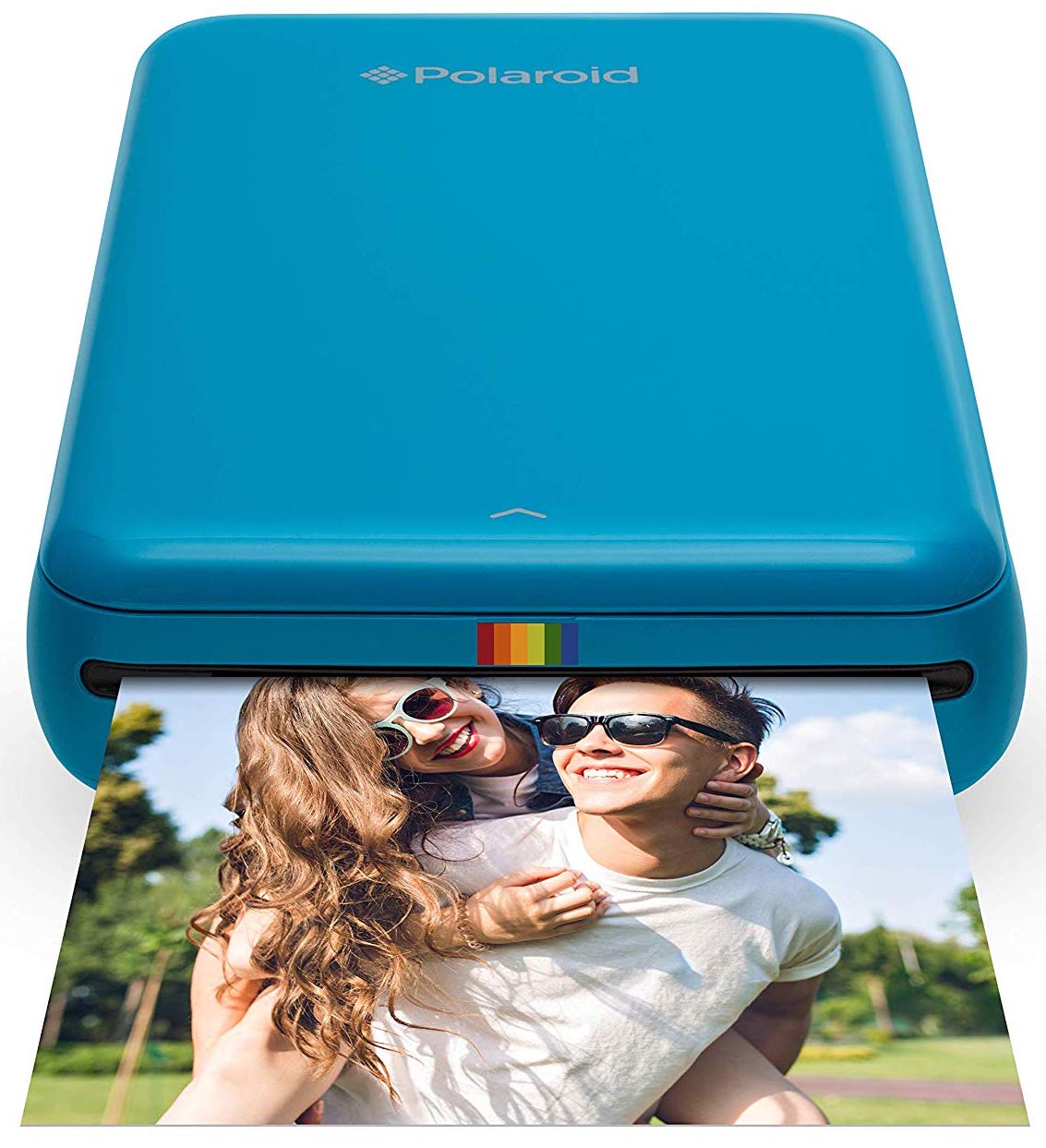 Blue Polaroid Zip pocket photo printer printing out a photo product shot