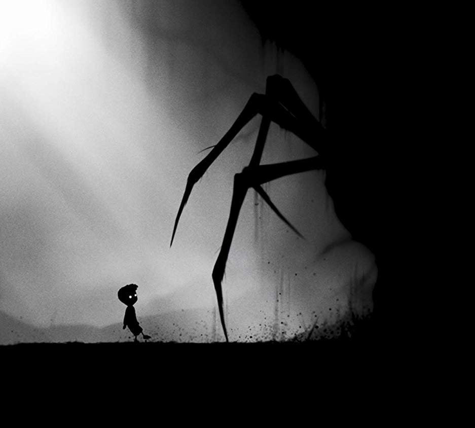 LIMBO - silhuettes of a boy getting approached by a massive spider