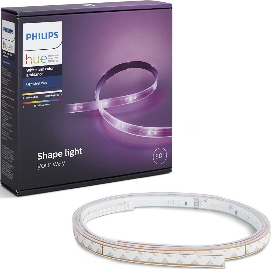Philips Hue lightstrip plus coiled in front of product box on a white background