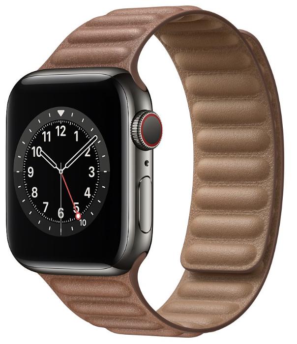 Apple Watch Graphite Stainless Steel Saddle Brown Leather Link Band Render Cropped