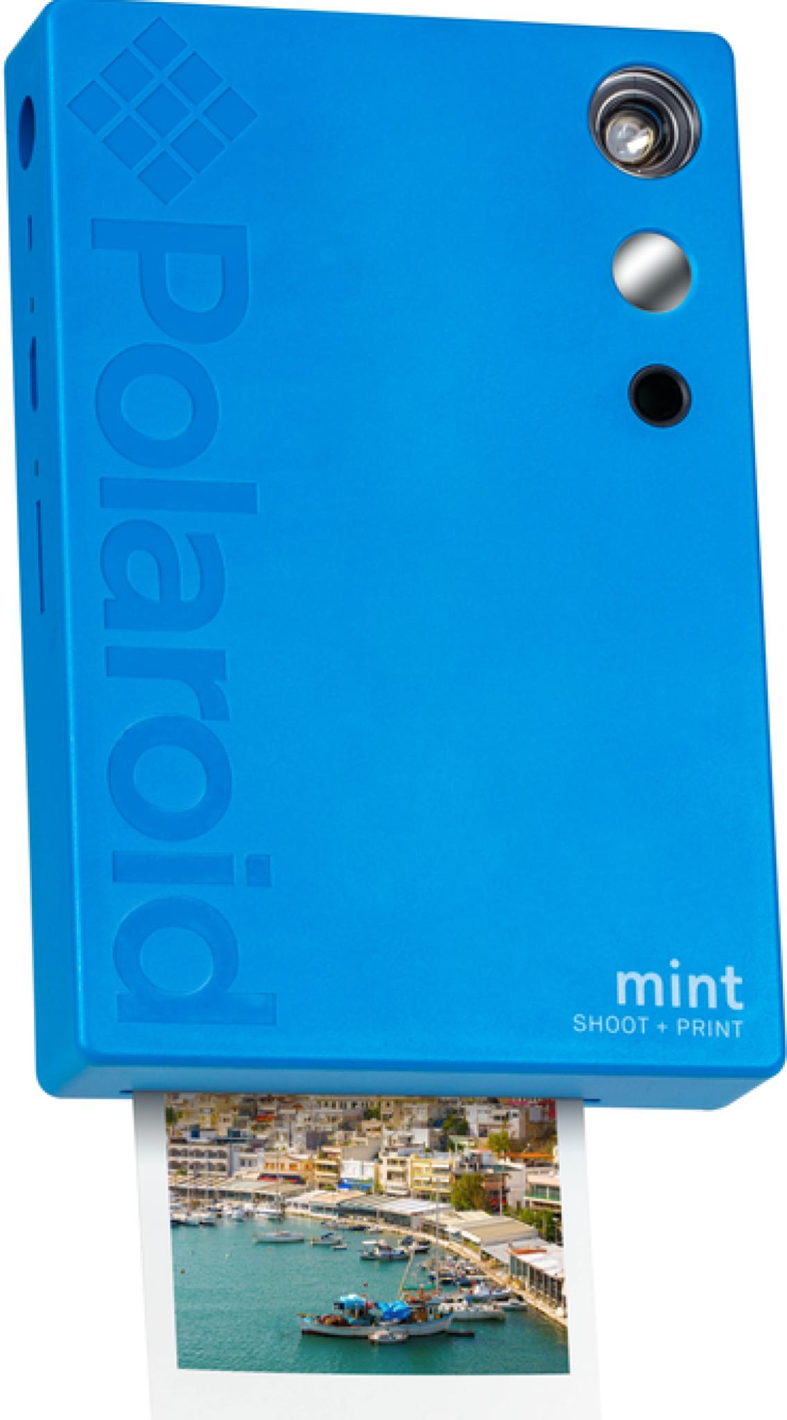 Blue Polaroid Mint Camera Printer printing out a photo