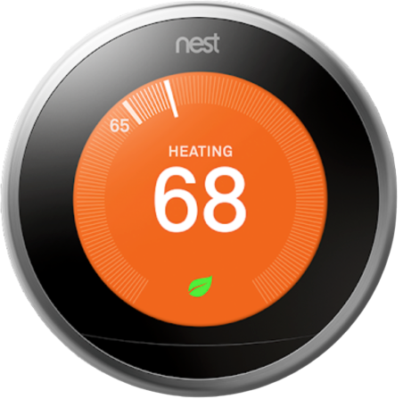 Nest thermostat in silver showing active heating on a white background