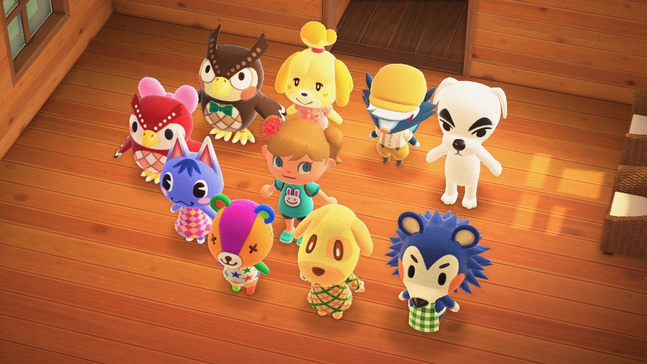 Animal Crossing New Horizons Several Villagers standing together in Harvey's House
