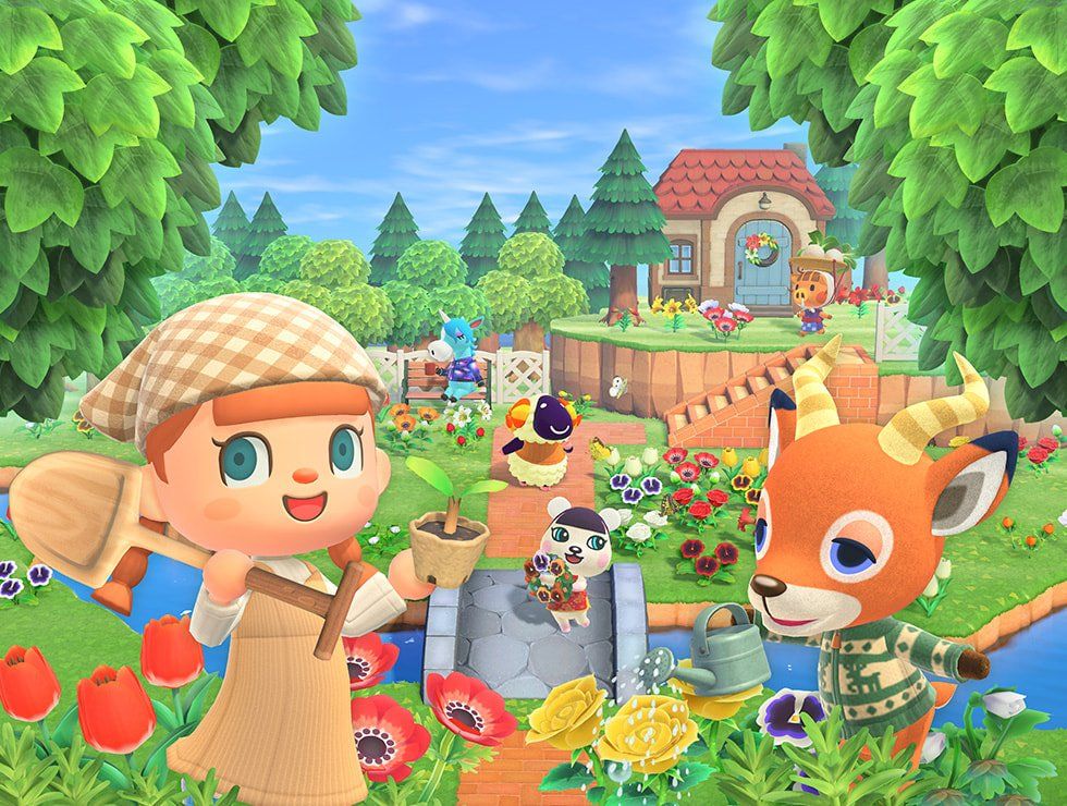 Animal Crossing New Horizons player and a villager standing together on the island