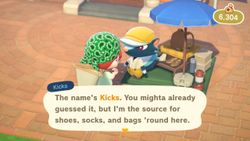 Kicks has all the shoes, socks, and bags you could want in Animal Crossing