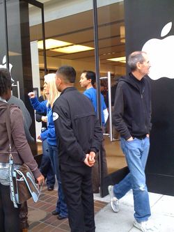 Steve Jobs at Palo Alta Apple Store for iPad launch, mentally tallying up profits from up to 700,000 sold?