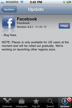 Facebook for iPhone updated to 3.2.1 to fix bugs, deny Places to those outside US