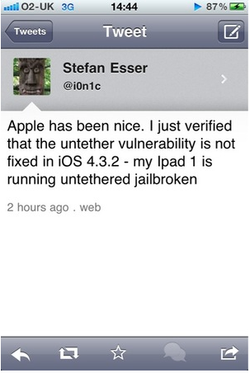i0n1c confirms current untethered jailbreak works on iOS 4.3.2