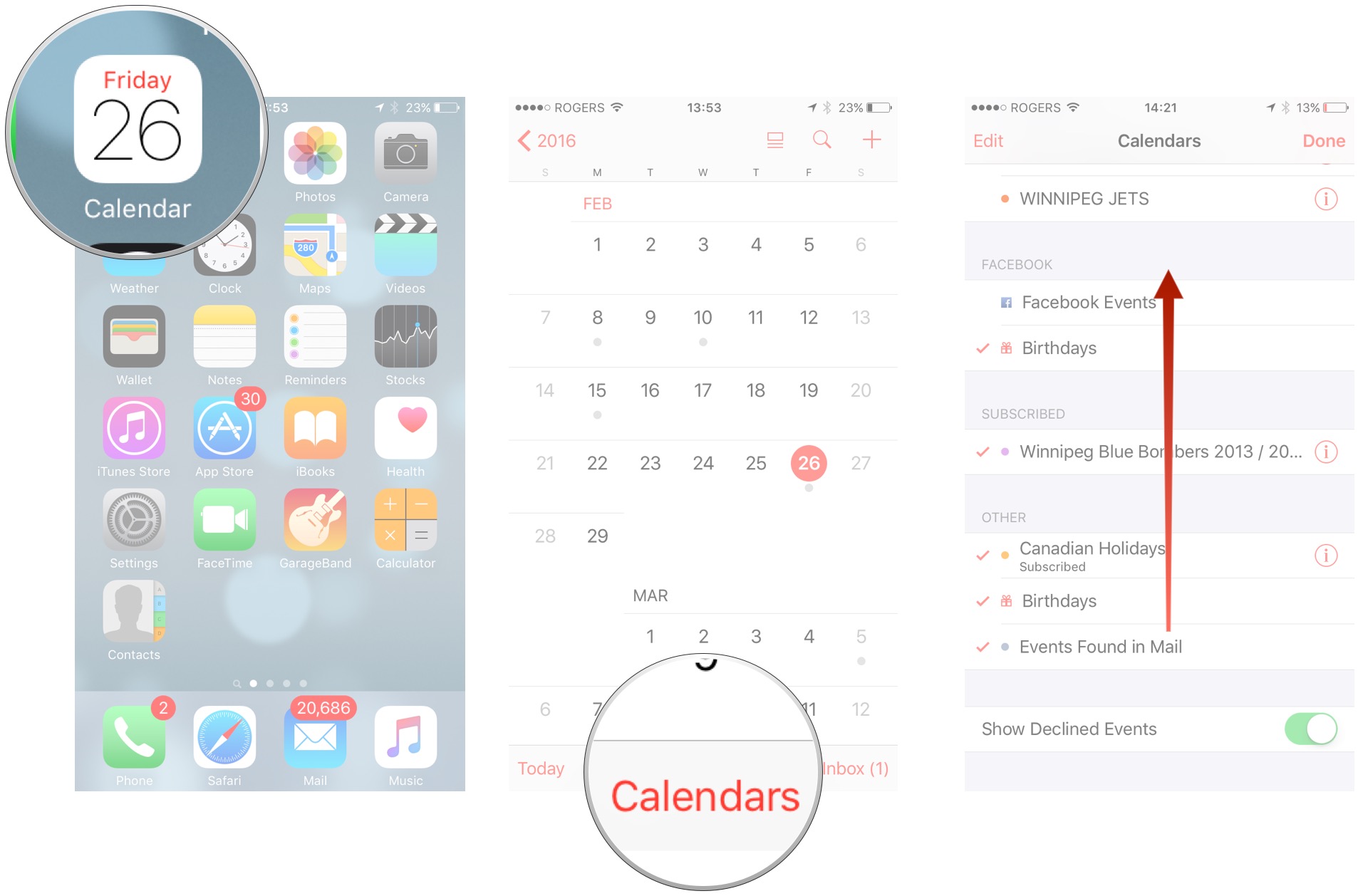 Open calendar, then tap calendars, then swipe up to scroll down to the bottom