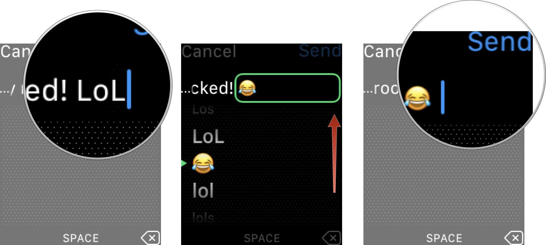 Using Scribble on Apple Watch to send an emoji showing the steps to Type an emoji word, then rotate the Digital Crown, then tap Send