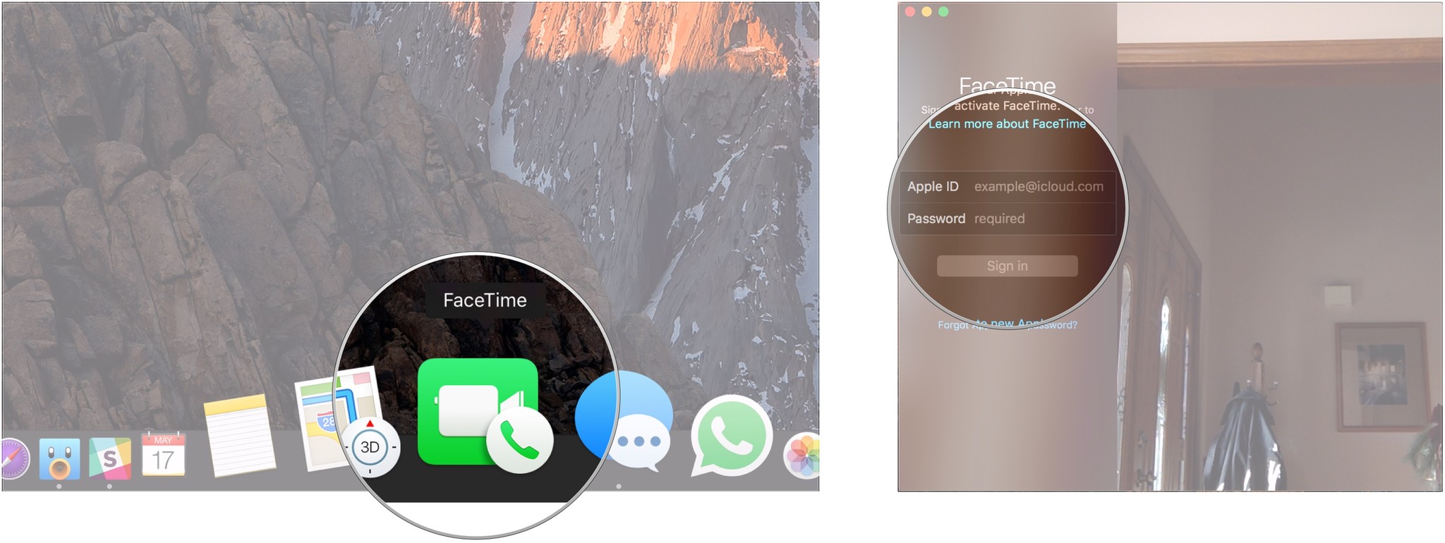 Set up FaceTime, showing how to open FaceTime, then enter your Apple ID