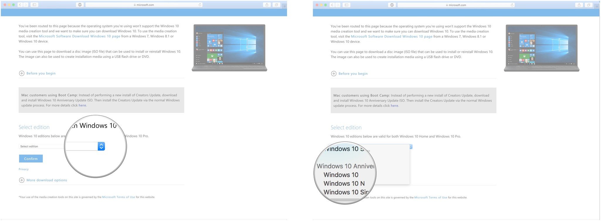 Click the dropdown menu below Select edition. Click Windows 10 below Anniversary Update.