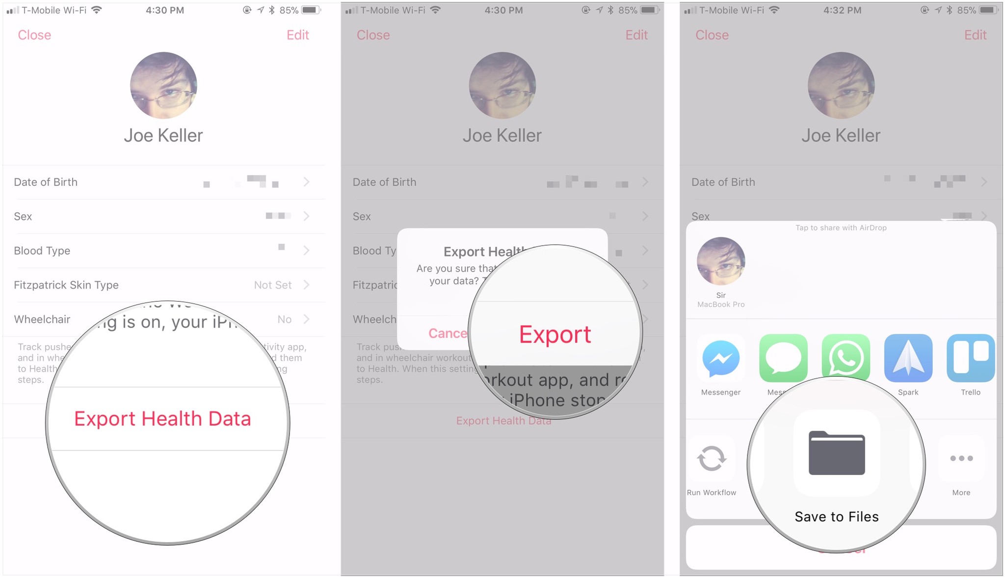 Tap Export Health Data, tap Export, save to Files