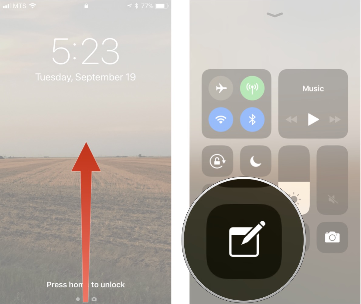 Access Instant Notes on an iPhone or iPad with Touch ID by showing steps: Swipe up from the bottom on the Lock Screen to access Control Center, then tap the Notes icon