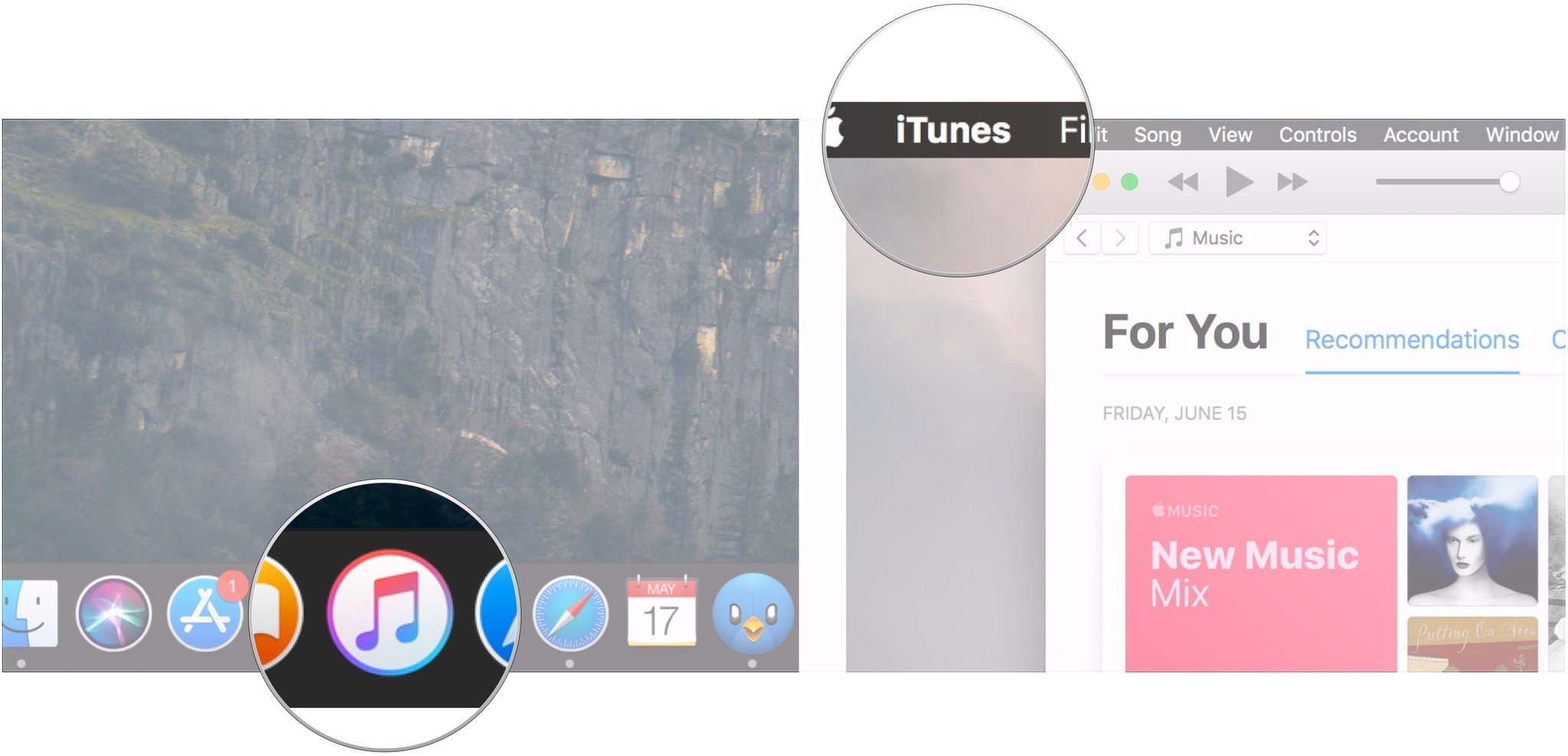 Delete iPhone backup on macOS Mojave showing how to open iTunes and click iTunes in the Menu bar