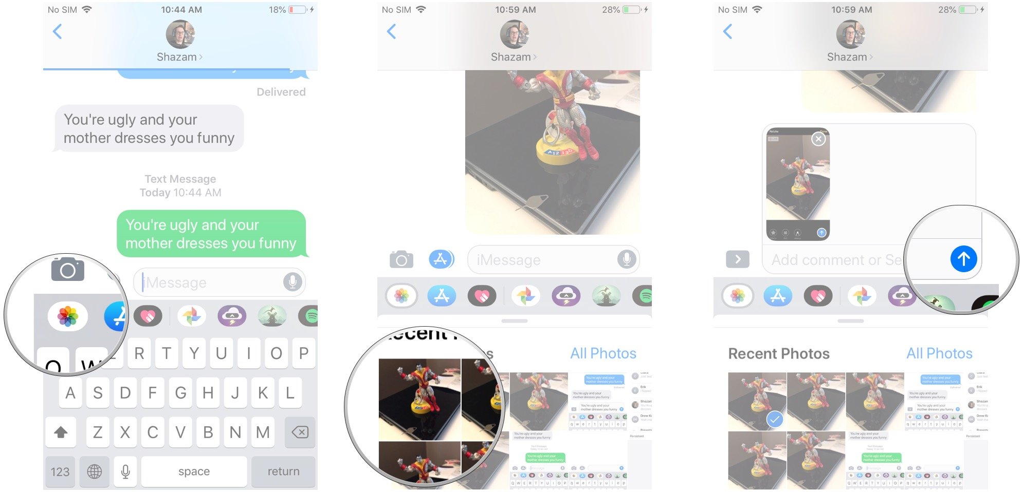 Send existing photo, showing how to tap the Photos app button, then tap a photo or video, then tap Send