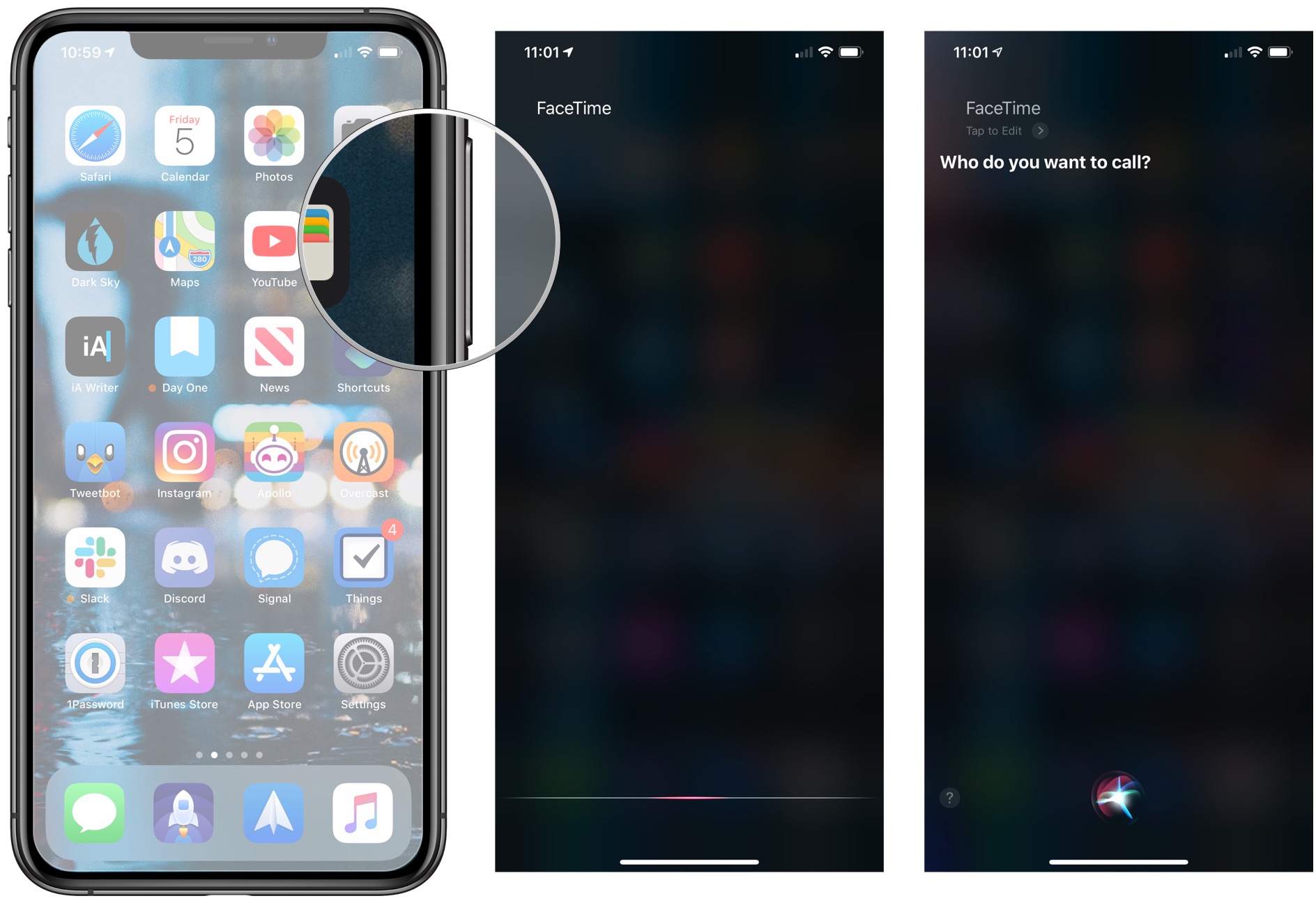 Use Siri to place a FaceTime call, showing how to activate Siri by pressing the Side button, then say FaceTime, followed by the person's name