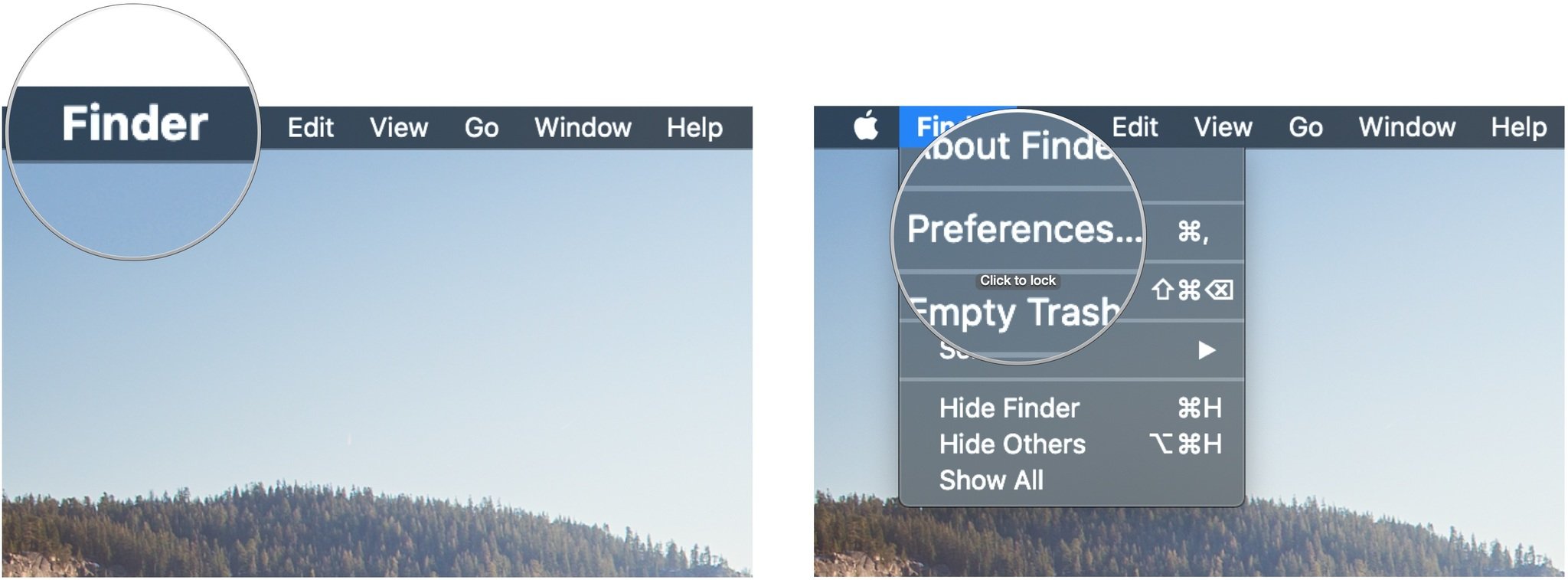 Show iPhone in Finder showing how to click Finder, then click Preferences